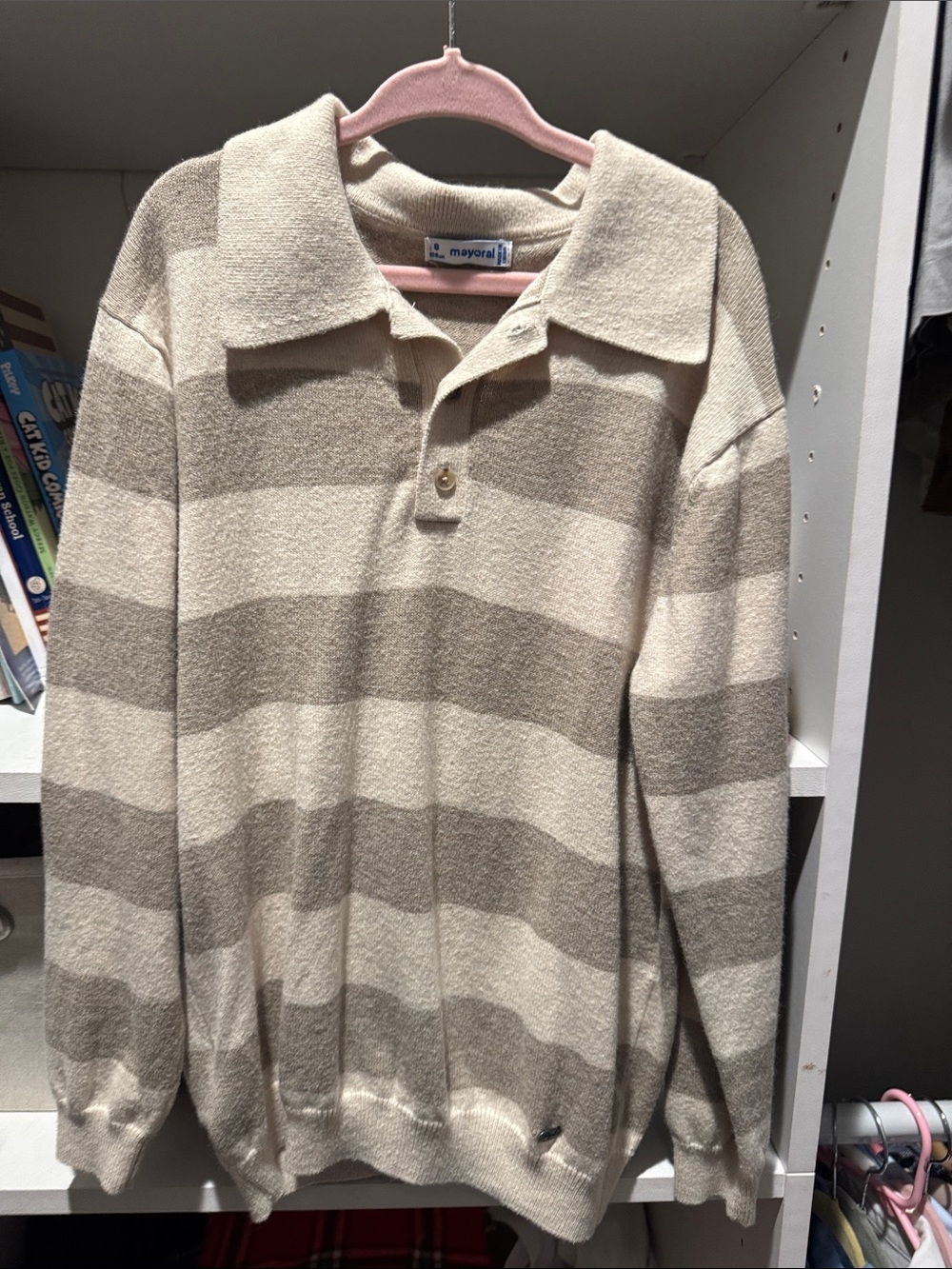 Mayoral boys  Beige and Cream Striped V-Neck Polo Sweater